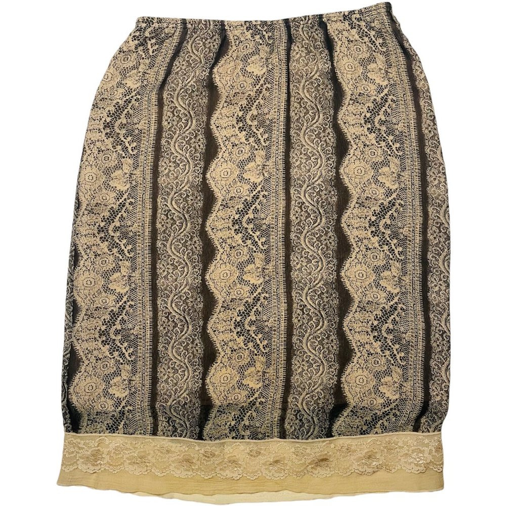 INC INTERNATIONAL CONCEPTS Silk Skirt Size 4 Lace Hem Black Tan Elastic Waist
